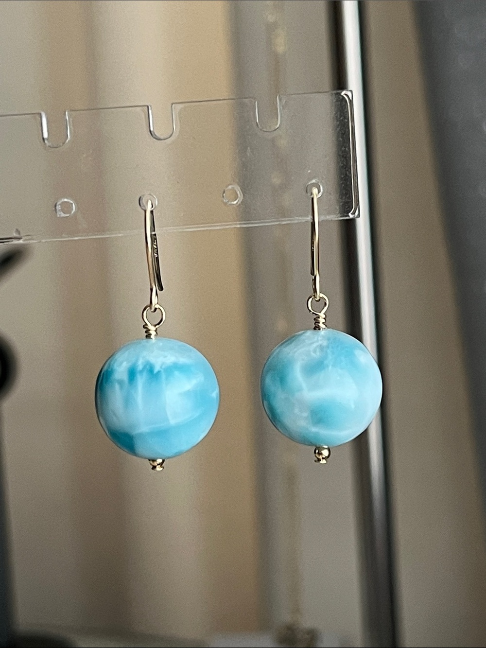 Hand Crafted Larimar Round Drop 14K Earrings